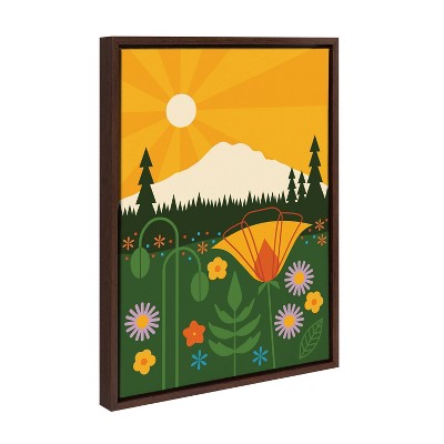 Mt Rainier Colorful Landscape Canvas Print with Brown Frame