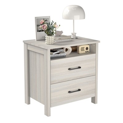 Farmhouse Nightstand with 2 Drawers, Rustic Wooden Nightstand with Bedside Table, Side End Table with Open Shelf