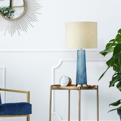 22" Blue Ribbed Glass and Beige Linen Shade Table Lamp
