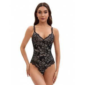 INSPIRE CHIC Women's V-Neck Tummy Control Body Suit Sleeveless Floral Lace Leotard Body Shapers - 1 of 4