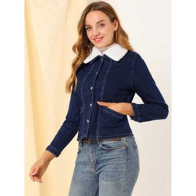 Allegra K Women's Detachable Collar Long Sleeve Button Down Denim Jacket Dark Blue Small — фото 3