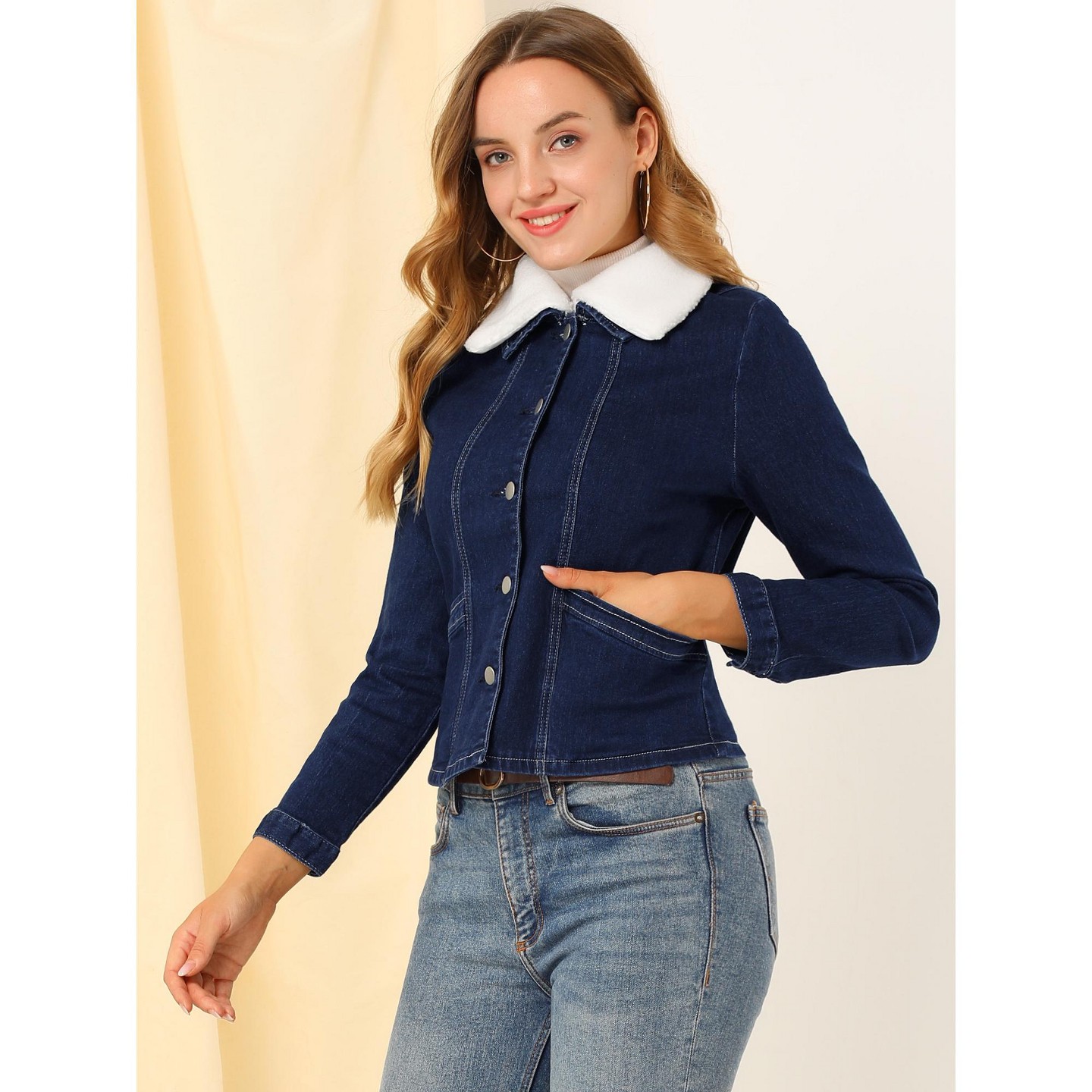 Женская куртка Allegra K Detachable Collar Long Sleeve Button Down Denim Jacket Dark Blue, цвет: Джинсовый — фото 3