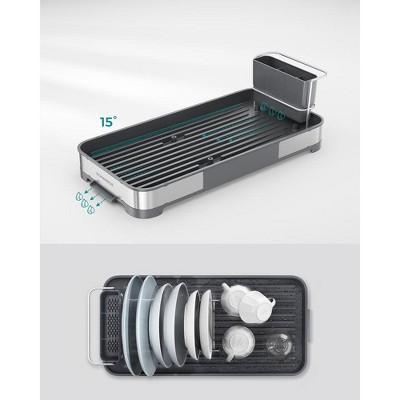Compact Silver and Black Foldable Metal Dish Drying Rack with Utensil Cup