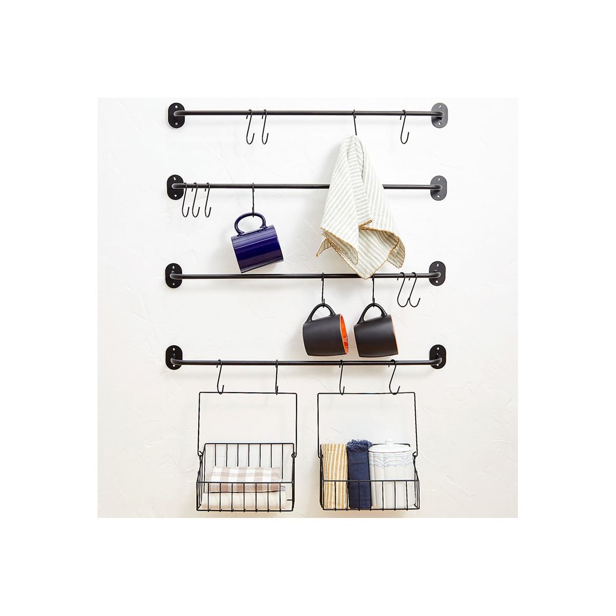 The Lakeside Collection Wall-Mounted 4-Tier Coffee Mug Rack with Baskets -