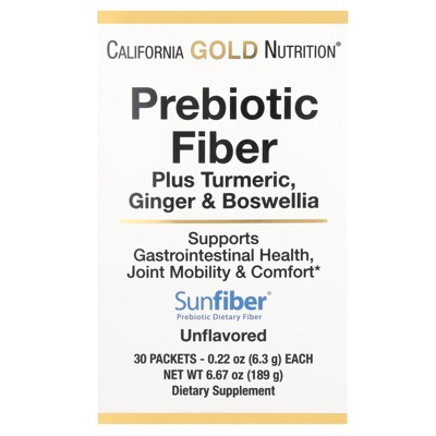 California Gold Nutrition Prebiotic Fiber Plus Turmeric Extract, Organic Ginger Extract and Boswellia Extract , 30 Packets, 0.22 oz (6.3 g) Each