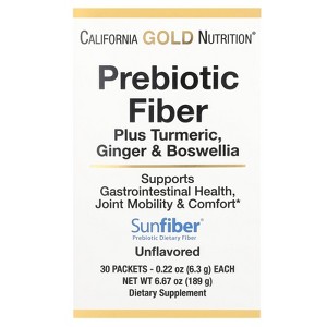California Gold Nutrition Prebiotic Fiber Plus Turmeric Extract, Organic Ginger Extract and Boswellia Extract , 30 Packets, 0.22 oz (6.3 g) Each - 1 of 3