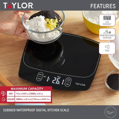 Taylor Black Waterproof Digital Kitchen Scale with LED Display