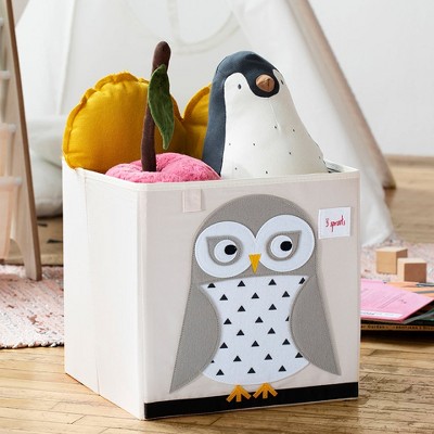 Friendly Owl Beige Fabric Collapsible Kids Storage Cube