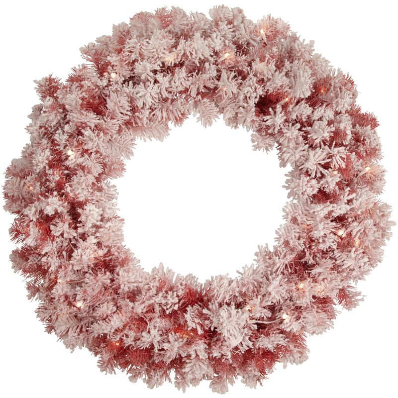 Northlight Pre-Lit Flocked Red Artificial Christmas Wreath, 36 Inch, Clear Lights, 1 of 6