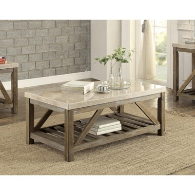 Industrial Style Angled Support 1pc Cocktail Table with Bottom Shelf Marble Top Creamy White Wooden Living Room Furniture Coffee Table
