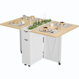 Folding Dining Table with Storage, Rolling Kitchen Table on 6 Caster Wheels, Space-Saving for Small Apartments & Kitchens, Wood Color and White - 1 of 4