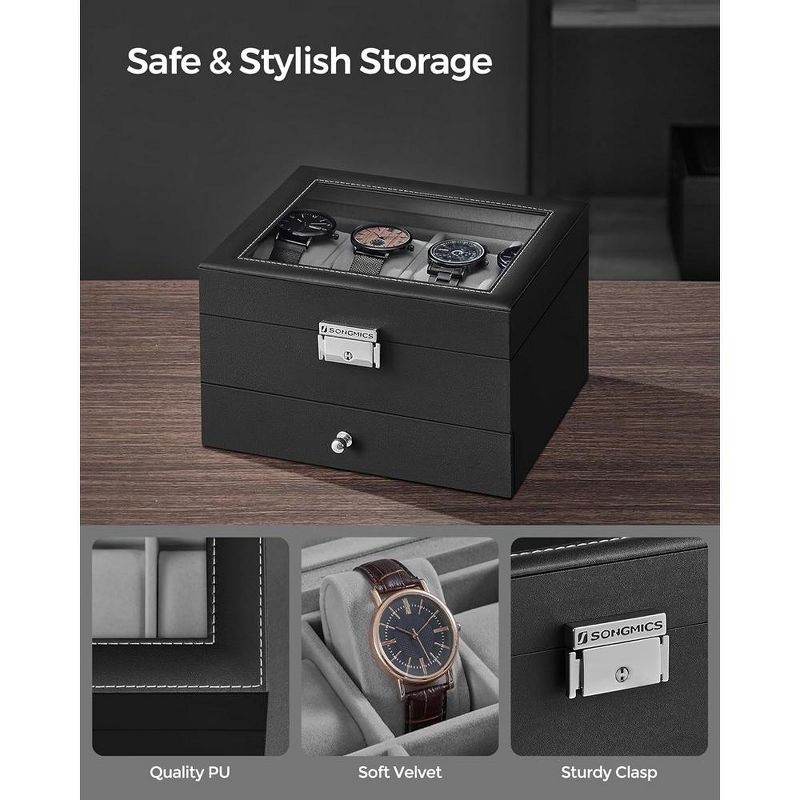 SONGMICS 8-Slot Watch Box Lockable Watch Case with Glass Lid 2 Layers for Rings Bracelets Black Synthetic Leather Greenish Gray Lining, 3 of 5