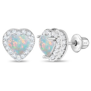 Girls' Opal CZ Heart Screw Back Sterling Silver Earrings - In Season Jewelry - 1 of 4