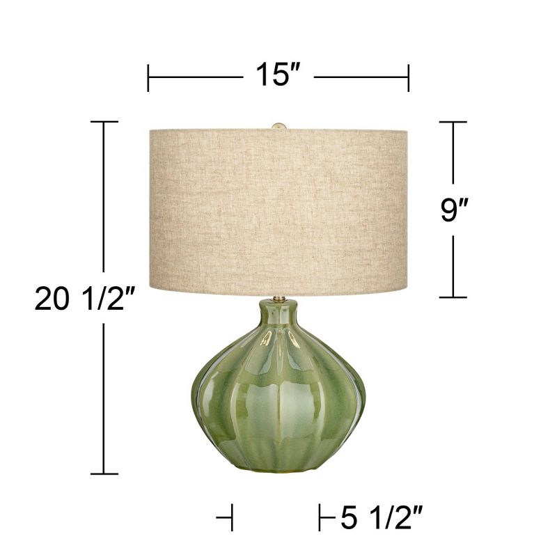 360 Lighting Gordy Modern Accent Table Lamp Handcrafted 20 1/2" High Ribbed Green Ceramic Oatmeal Fabric Drum Shade for Bedroom Living Room Bedside, 4 of 10