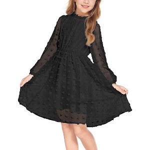 Arshiner Girls Dress Long Sleeve Swiss Dot Ruffle Collar Flowy A-Line Party Dress for Kids - 1 of 4