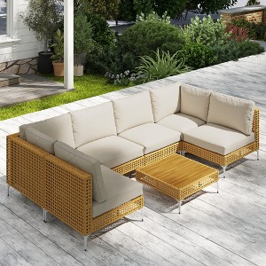 Outsunny 7 Piece Wicker Patio Furniture Set, Modular Outdoor Sectional Conversation Set with Thickened Cushions, Acacia Wood Table - 1 of 4