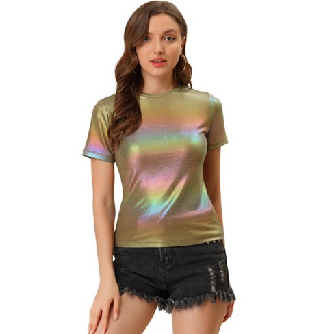 Allegra K Top Metallizzato a Righe Lucide con Maniche a 3/4 e Glitter per Festa di Natale da Donna Oro Nero XS