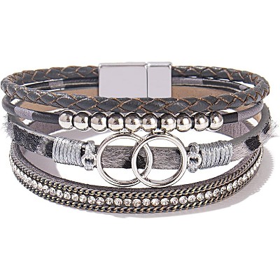 Boho Wrap Bracelet with Infinity Design, Leather Cuff Bangle with Magnetic Clasp, Stackable Jewelry Gift for Mom