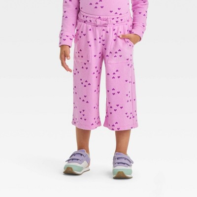 Image of Toddler Girls' Hearts Printed Pull-On Pants - Cat & Jack™ Purple 2T: Cropped Wide-Leg, French Terry, Elastic Waist