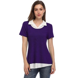 Clearlove Womens Short Sleeve Contrast Mock Neck Collared T-Shirts Flowy Ruffled Patchwork Work Blouse Casual Dressy - 1 of 4