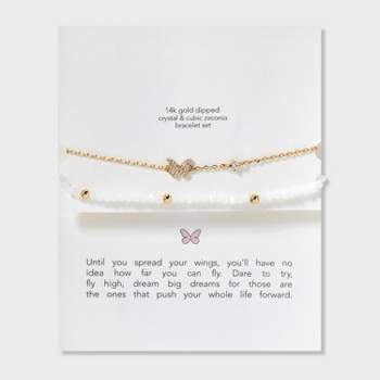 14k Gold Dipped Cubic Zirconia Butterfly on Chain and Crystal Stretch Bracelet Set 2pc - Gold/White