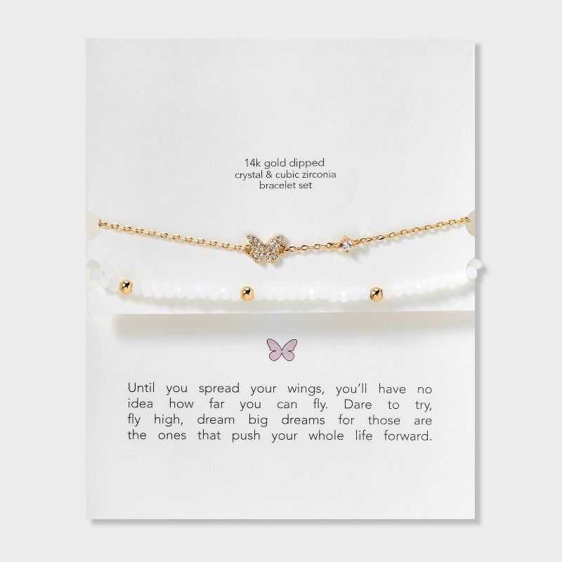 14k Gold Dipped Cubic Zirconia Butterfly on Chain and Crystal Stretch Bracelet Set 2pc - Gold/White, 1 of 5