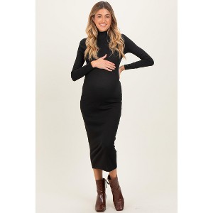 Pinkblush Black Turtle Neck Long Sleeve Rib Fitted Maternity Midi Dress - 1 of 4
