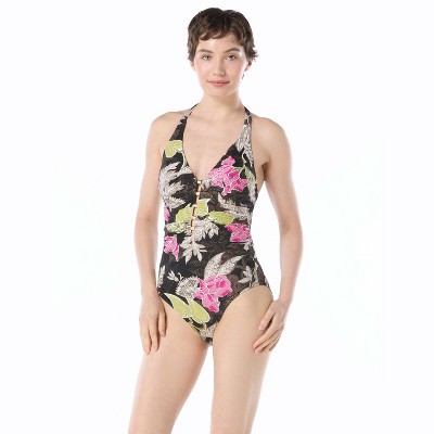 Carmen Marc Valvo Beaded Plunge One Piece Swimsuit