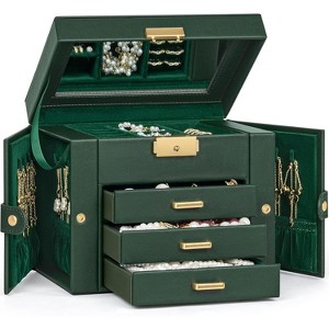 Leather Jewelry Box with Mirror & Lock, 3-Tier Organizer with 2 Drawers for Necklaces & Bracelets - 1 of 4