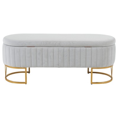 GlasFlength Ottomans and Benches Oval Velvet Storage Bench Upholstered Bedroom Bench Modern Storage for Living Room, Gray, 46.97"*16.9"*11.41"