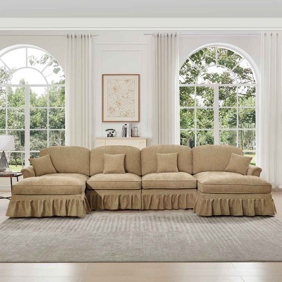 Mid-Century U-Shape Sectional Sofa with Ottomans, 4-Seat Sofa with Flared Arms and Removable Skirts, Chenille Couch with Cushion-Coolbibila