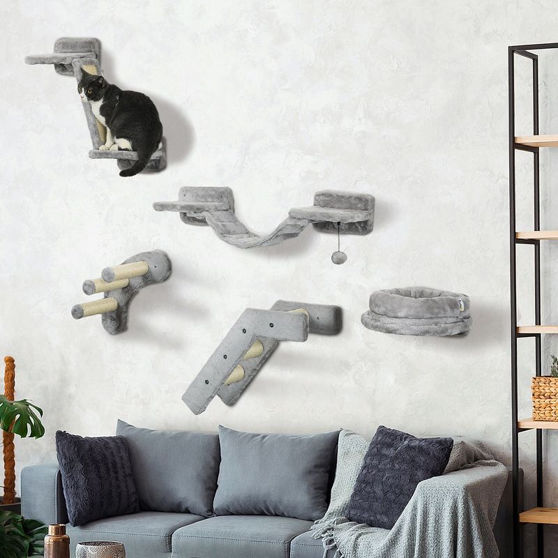 PawHut 5PCs Cat Wall Shelves, Cat Wall Furniture with Steps, Perches, Ladders, Platforms, Wall Mounted Cat Furniture with Soft Plush, Sisal, Gray, 2 of 7