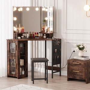 Corner Vanity Desk and Stool, Corner Makeup Vanity with LED Lighted Mirror Charging Station and Cabinet - 1 of 4