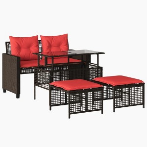 vidaXL Patio Sofa Set with Cushions - 4 Piece Brown PE Rattan w/Glass Top Table, Adjustable Height for Dining/Coffee, Red Cushions - 1 of 4