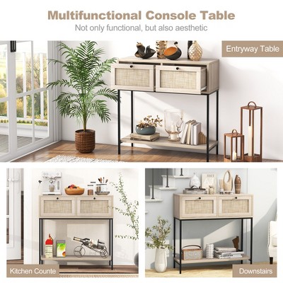 Natural Wood and Rattan Console Table with Metal Frame