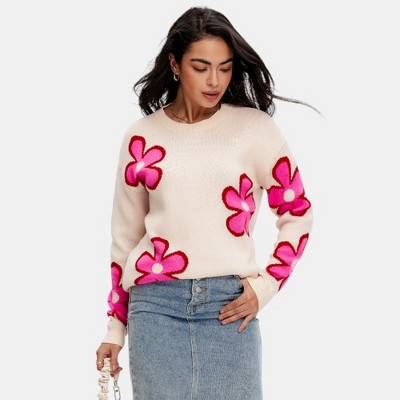 Knit & Lounge Women’s Crewneck Sweater Bold Floral Pattern Ribbed Trim Pullover Long Sleeve Soft Knit Casual Fit