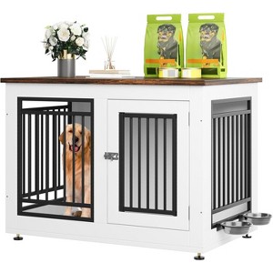 Garvee 40" Dog Crate Furniture, Wooden Side End Table with Adjustable Feet and Removable Bowls, Dog Kennel Indoor for Medium Large Dogs Black - 1 of 4