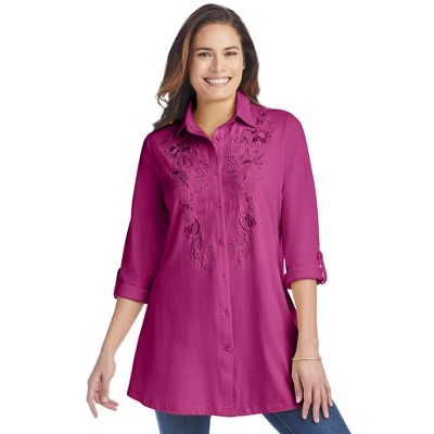 Woman Within Plus Size Button-Front Embroidered Tunic