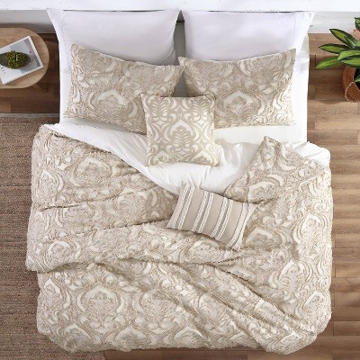 Tan King Cotton Jacquard Comforter Set with Pillows