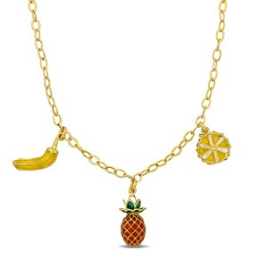 EVERLY JEWELRY | Yellow Plated Sterling Silver Banana Pineapple Lemon Enameled Charm Station Necklace, 17.5-inch - 1 of 4