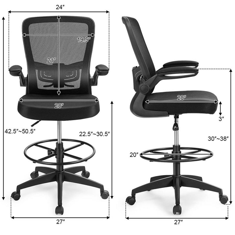 Costway Adjustable Swivel Drafting Chair with Flip-Up Armrests Adjustable Lumbar Support Black&White/Black, 4 of 11