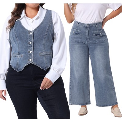 Agnes Orinda Women's Plus Size Two Piece Outfits Button-Up Jean Denim Vests and Wide Leg Stretch Denim Jeans Set