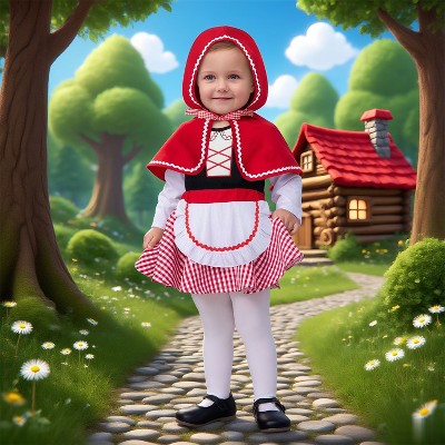 Joyfy Halloween Cosplay Costume for Baby Girls Little Red Riding Hood Costume Outfit with Hood Bodysuit Cape&Skirt Set for Dress Up Party