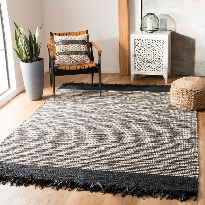 Handmade Black and Multicolor Leather Stripe 4' x 6' Area Rug