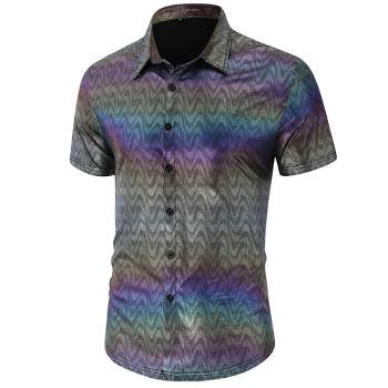 Mens Button Down Disco Shirt Metallic Sequins Shiny Short Sleeve