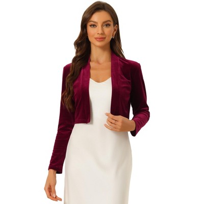 INSPIRE CHIC Women's Velvet Long Sleeve Shawl Neck Open Front Cropped Bolero Cardigan