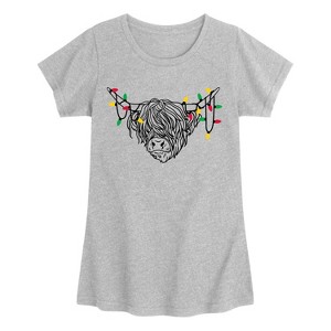 Girls' - Instant Message - Christmas Highland Cow Fitted Short Sleeve Graphic T-Shirt - 1 of 4