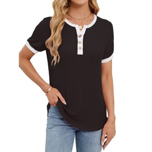 Women's Casual Henley Short Sleeve Ribbed Top with Contrast Trim - 1 of 4
