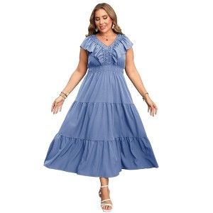 Women's Plus Size Maxi Dress V Neck Ruffle Sleeveless Boho Dress Casual Floral Summer Dresses - 1 of 4