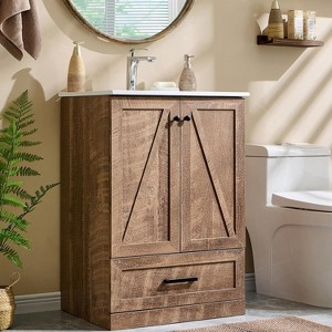 Sincido Farmhouse Modern 24" Bathroom Vanity Floor Standing Cabinet w/ Ceramic Sink,Barn Door,Large Storage Drawer and Metal Handle - 1 of 4